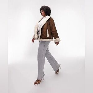 Topshop Curve Chocolate Faux Shearling Faux Suede Car Coat Size 18